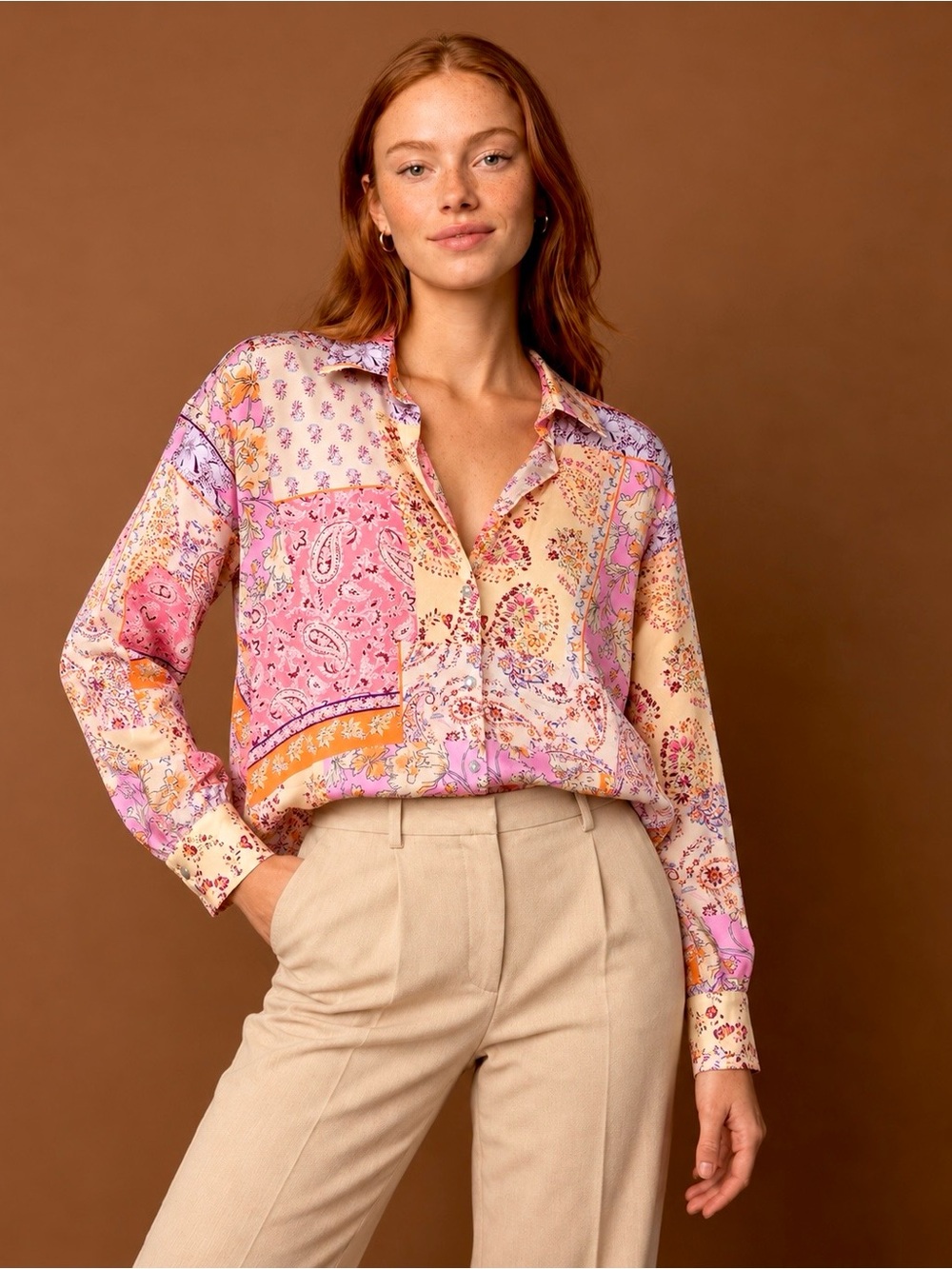 Zara S Patchwork Paisley Button Up Shirt in Pink and Cream Silk Feels Blouse